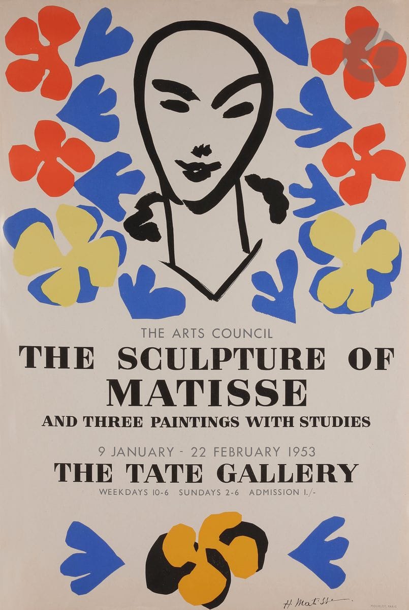 Henri Matisse (1869-1954)
The Sculpture of Matisse and three Paintings with Studies. Affiche pour une exposition à la Tate Gallery. 1953. 
Lithographie en couleurs par Mourlot. 
Très belle épreuve sur vélin.
Légères traces de plis aux bords du feuillet. 
75,8 x 51 cm.
