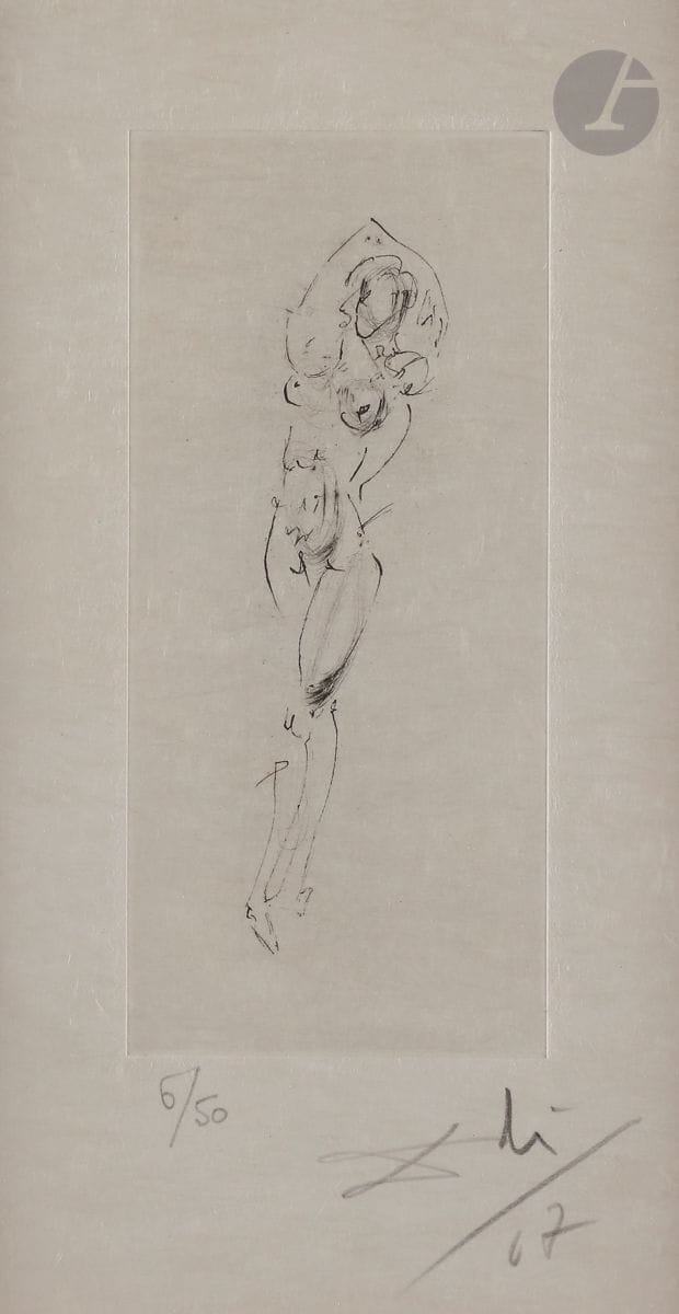 Salvador Dalí (1904-1989)
Nu, un bras au-dessus de la tête. Vignette pour Poèmes secrets d’Apollinaire. 1967. 
Pointe sèche. 
Belle épreuve d’un tirage à 50 épreuves sur japon, numérotée, signée et datée au crayon. Marges. Argillet éd.
À vue : 26 x 14 cm. 
Cadre. 
Réf. : Michler et Löpsinger 206.