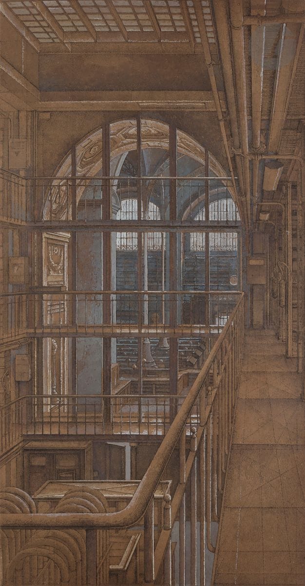 Érik Desmazières (né en 1948)
Suite MCI – le magasin central des Imprimés, pl. n° 5. 2012.
Eau-forte et aquatinte. 
Très belle épreuve sur vélin blanc, rehaussée à la gouache, titrée, annotée, signée et datée au crayon. 
Cadre.
À vue : 68,5 x 38,5 cm.