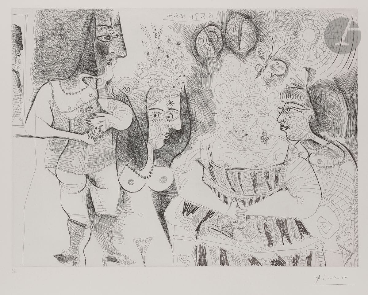 Pablo Picasso (1881-1973
)The Patron Saint's Day. Little dog, flowers and gossip. Portrait of Degas on the wall. (The 156, pl. 129). 17 and 18 May 1971. 
Etching.
Perfect proof on white vellum, from the edition of 50 proofs made for the Louise Leiris gallery (1978), numbered and stamped with the signature (Lugt 2026e). All margins. 
50.2 x 65.2 cm.
Ref: Bloch 1984; Baer 1994 B b a.




