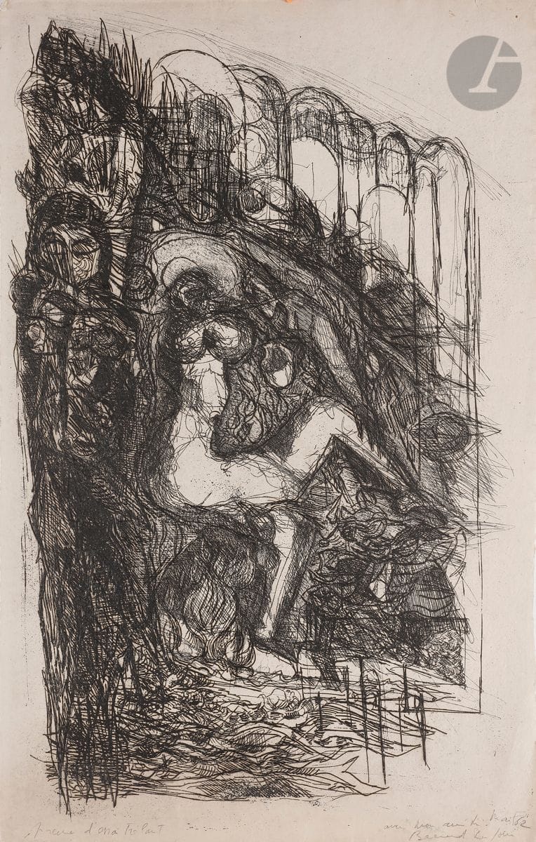 Bernard Dufour (1922-2016)
Femme nue dans un paysage. 1962.
Eau-forte. 
Belle épreuve sur vélin, annotée « ep. d’essai Frélaut », annotée « avec mon amitié », datée « mai 62 » et signée. Toutes marges. 
51 x 33 cm.