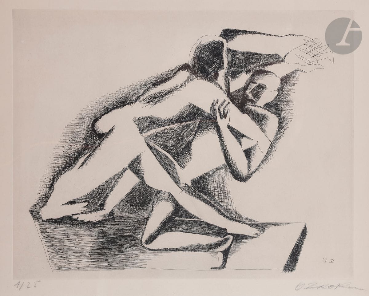 Ossip Zadkine (1890-1967
)The Wrestlers. 1967. 
Etching. 
Very nice proof on vellum, numbered and signed in pencil. All margins. Edition at 25 proofs. 
Very slight oxidation of the folio. 
Sight : 55 x 74,5 cm. 
Framed. 
Reference : Czwiklitzer 79.






