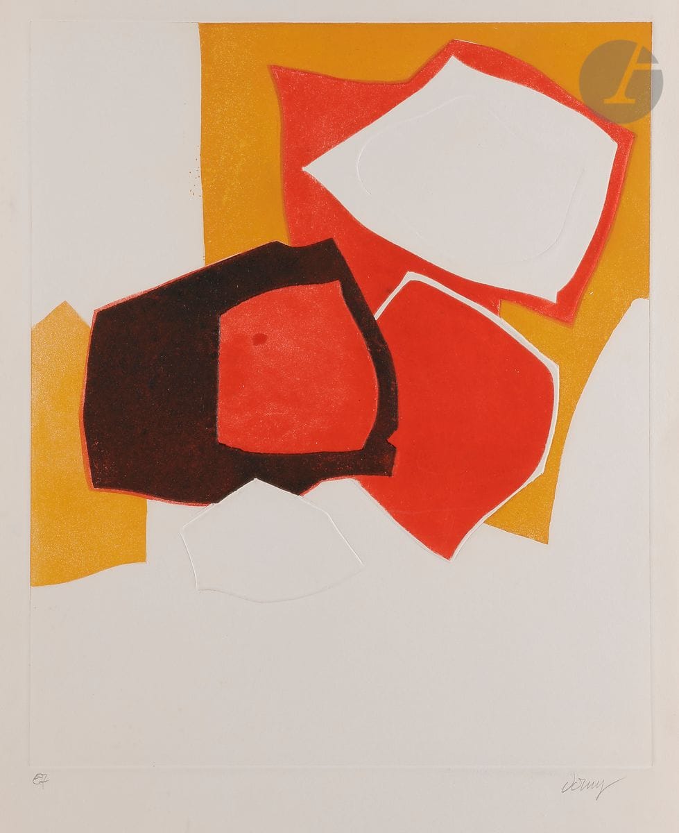 Bertrand Dorny (1931-2015)
Le Grand Ouglon. 1970. 
Aquatinte en couleurs sur plaques de zinc découpées et une pièce émerisée.
Très belle épreuve sur vélin, justifiée « EA » et signée au crayon. Toutes marges. Tirage définitif à 65 épreuves. L’Œuvre Gravée, Berne, éd.
76 x 56 cm.
Réf. : Arnaud 105.