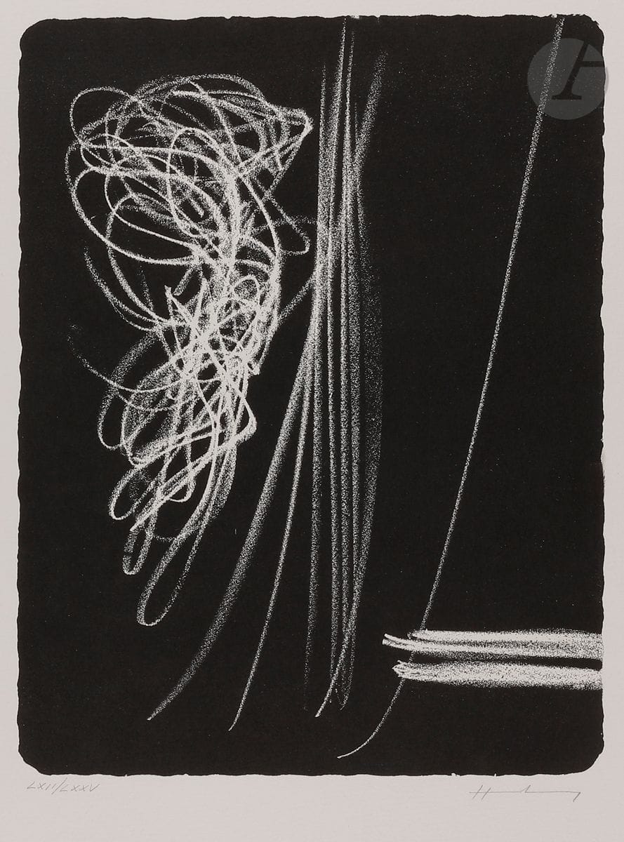 Hans Hartung (1904-1989) 
L 1970-19. (Pl. pour l’album Farandole). Barcelone, Polígrafa éd., 1971.
Lithographie. 
Très belle épreuve sur vélin fort, à grandes marges, sans le pli vertical médian, l’une des 25 numérotées en chiffres romains, signée au crayon. Tirage définitif à 75 épreuves. 
59,3 x 86,3 cm.
Réf. : Mason 323.