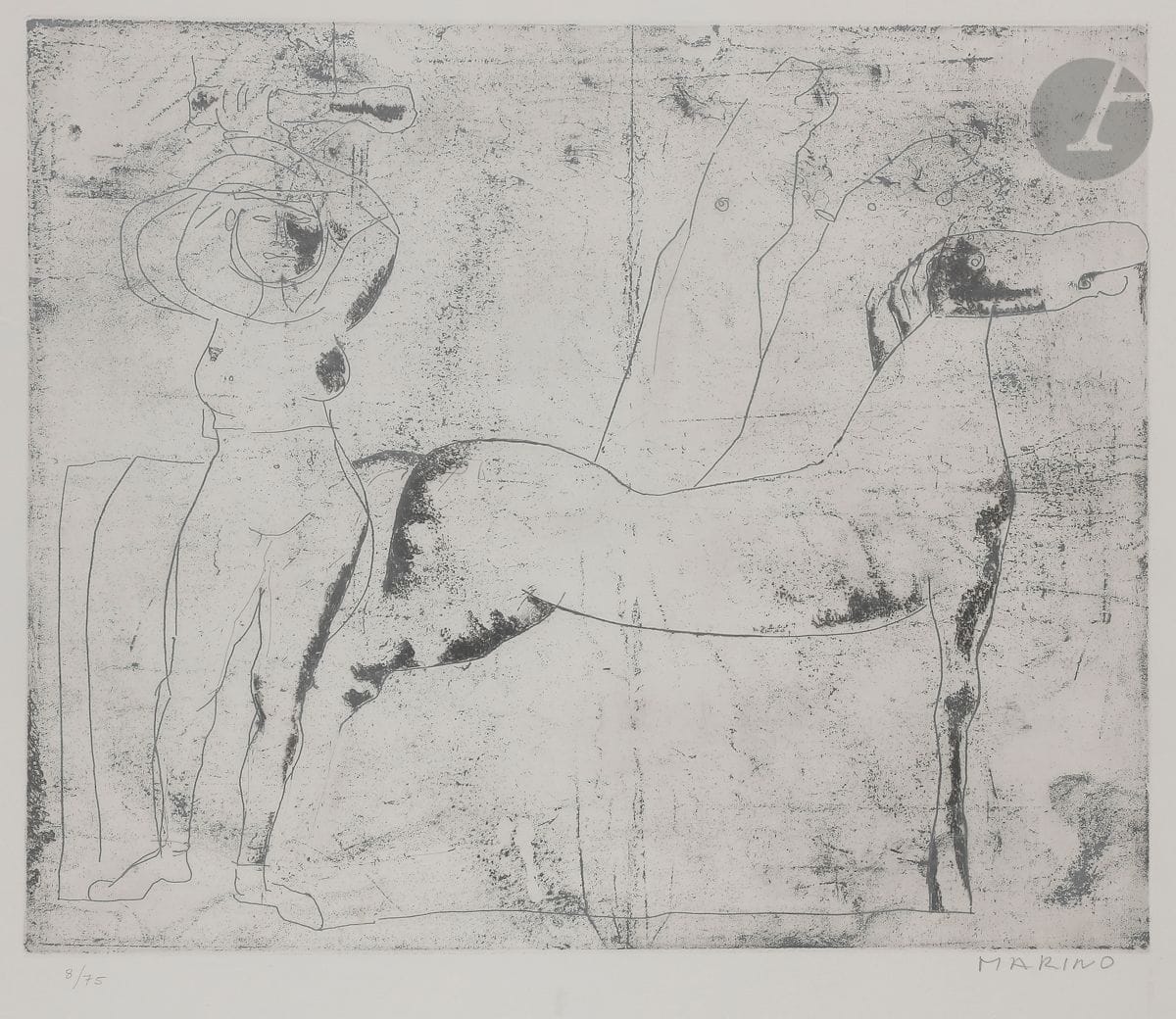 Marino Marini (Italian, 1901-1980
)Fondale (Background). 1969.
etching. 
Very nice proof on white vellum, numbered and signed in pencil. All margins. Edition at 75 proofs. Crommelynck frères ed. 
At sight : 55,5 x 59 cm
. 

Framed. 
Reference : Guastalla A 103.






