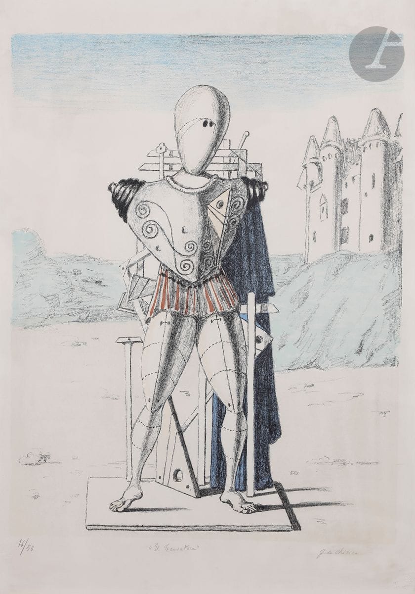 Giorgio de Chirico (italien, 1888-1978)
Il Trovatore (1re version au manteau bleu). 1969. 
Lithographie en couleurs. 
Belle épreuve sur vélin, numérotée et signée au crayon. Toutes marges. Tirage à 50 épreuves. Timbres secs : « G. C. » et « Alberto Caprini Stampatore in Roma ». 
Légère oxydation du feuillet avec petites rousseurs à l’extrême bord. 
À vue : 70 x 51 cm.
Cadre. 
Réf. : Brandani 63.