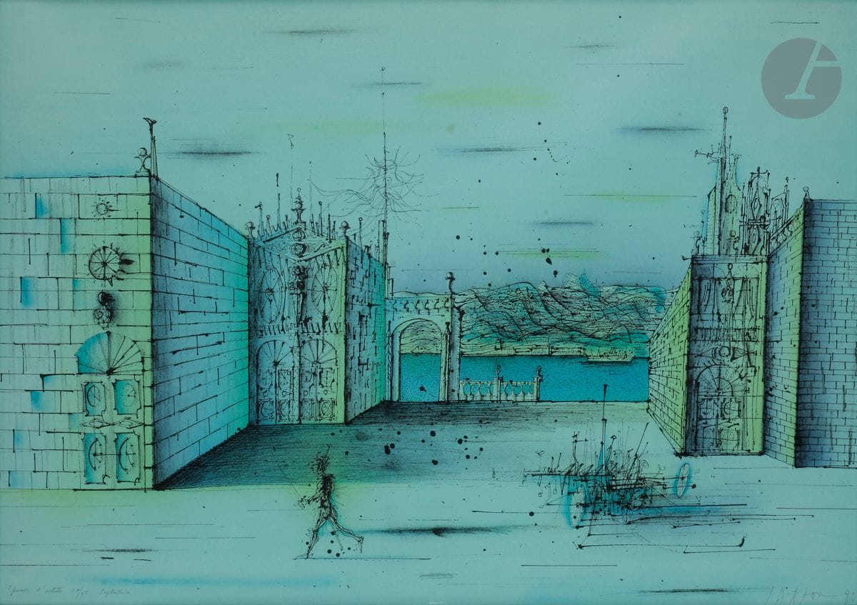 Jean Carzou (Karnik Zouloumian) (1907-2000
)Septentrion. 1980.
lithograph in colors. 
Nice proof on vellum, annotated "Epreuve d'artiste", numbered, titled, signed and dated in pencil. Edition at 45 proofs.
No visible margins. 
Sight: 52,5 x 73,5 cm.
Frame (without the glass).





