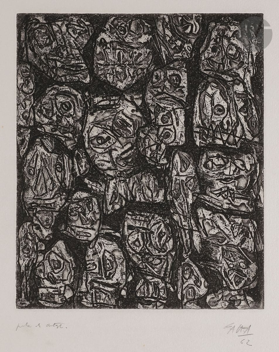 Antonio Saura (espagnol, 1930-1998)
Pl. pour F. de Quevedo, Träume (Songes). Cologne, éd. DuMont Schauberg, 1963. 
Eau-forte et aquatinte. 
Très belle épreuve sur vélin, annotée « probe d’artiste », signée et datée au crayon. Toutes marges. Tirage définitif à 180 épreuves. 
Traces de plis dans les marges latérales. 
49,5 x 38,5 cm.
Réf. : Cramer 50.