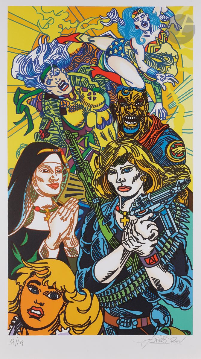 Erró (Guðmundur Guðmundsson) (Icelandic, born in 1932
)Gun Lady. 2001.
colour lithograph. 
Perfect proof on strong white vellum, numbered, signed and dated in pencil. All margins. Edition of 99 proofs.
90 x 53 cm.



