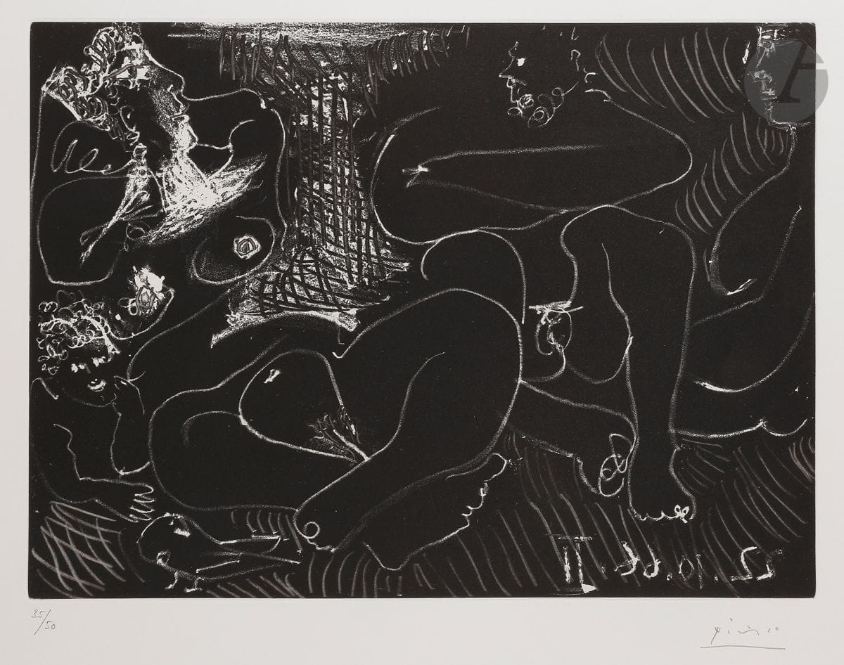 Pablo Picasso (1881-1973)
La Sieste : deux femmes avec un homme et un enfant. 22 octobre 1966.
Aquatinte et eau-forte. 
Parfaite épreuve sur vélin blanc, du tirage à 50 épreuves effectué pour la galerie Louise Leiris (1968), numérotée et signée au crayon. Toutes marges. 
41,7 x 50 cm.
Réf. : Bloch 1383 ; Baer 1405 B b 1.