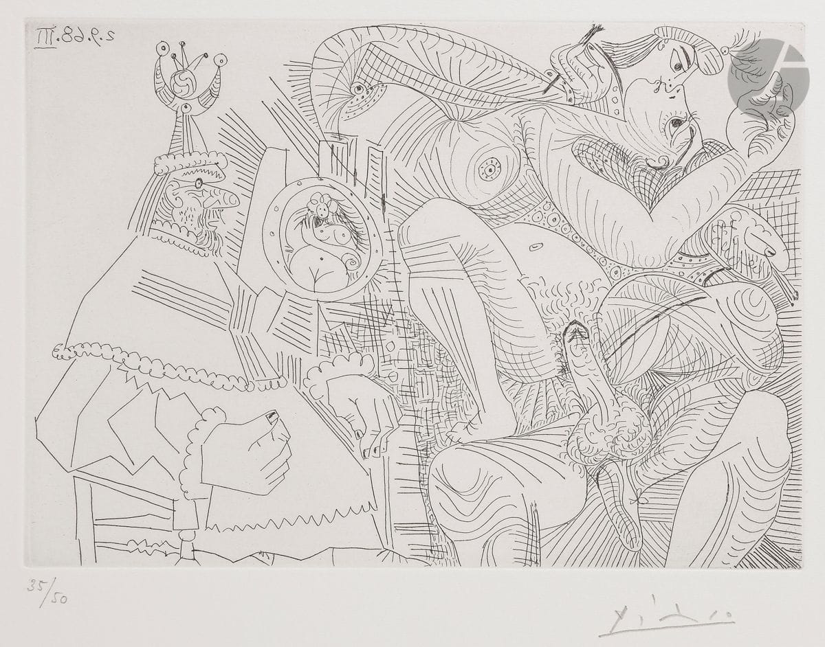 Pablo Picasso (1881-1973)
Raphaël et la Fornarina, XII. Dans son fauteuil, le pape se sent cocu. (Les 347, pl. 307). 2 septembre 1968.
Eau-forte.
Parfaite épreuve sur vélin blanc, du tirage à 50 épreuves effectué pour la galerie Louise Leiris (1969), numérotée et signée au crayon. Toutes marges. 
28 x 35 cm.
Réf. : Bloch 1787 ; Baer 1804 B b 1.