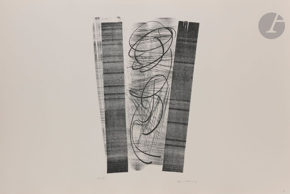 Hans Hartung (1904-1989) 
L 1970-16. (Pl. pour l’album Farandole). Barcelone, Polígrafa éd., 1971.
Lithographie. 
Très belle épreuve sur vélin fort, à grandes marges, sans le pli vertical médian, justifiée « H.C. » et signée au crayon. Tirage définitif à 75 épreuves. 
59,3 x 86,3 cm.
Réf. : Mason 320.