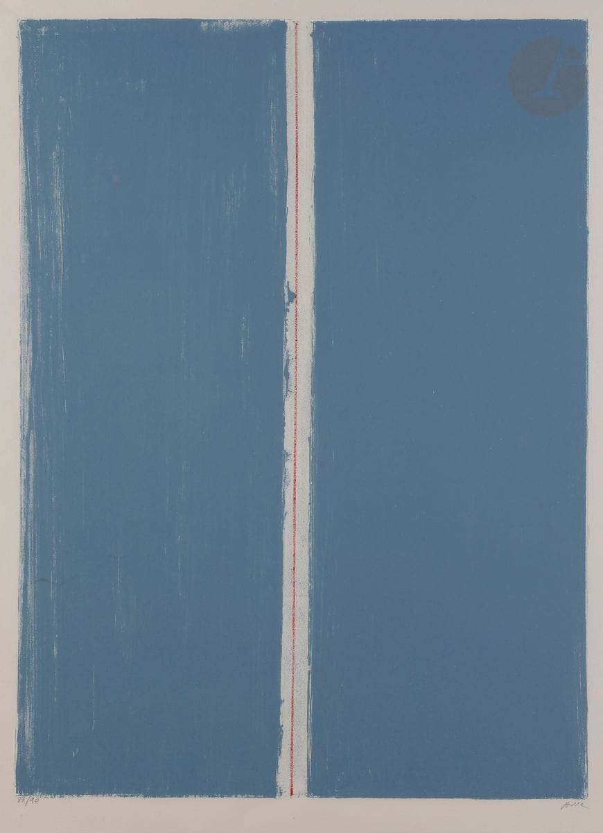 Geneviève Asse (1923-2021
)Ligne rouge II. 1988
.

lithograph in colors. 
Very nice proof on vellum, numbered and signed in pencil. All margins. Edition at 90 proofs. Société des amis du Musée d'art moderne de la Ville de Paris éd. 
Fold broken with a trace of rubbing penetrating the subject on the left.
74,5 x 47,5 cm

. 

 
Framed. 
Ref : Mason 318.







