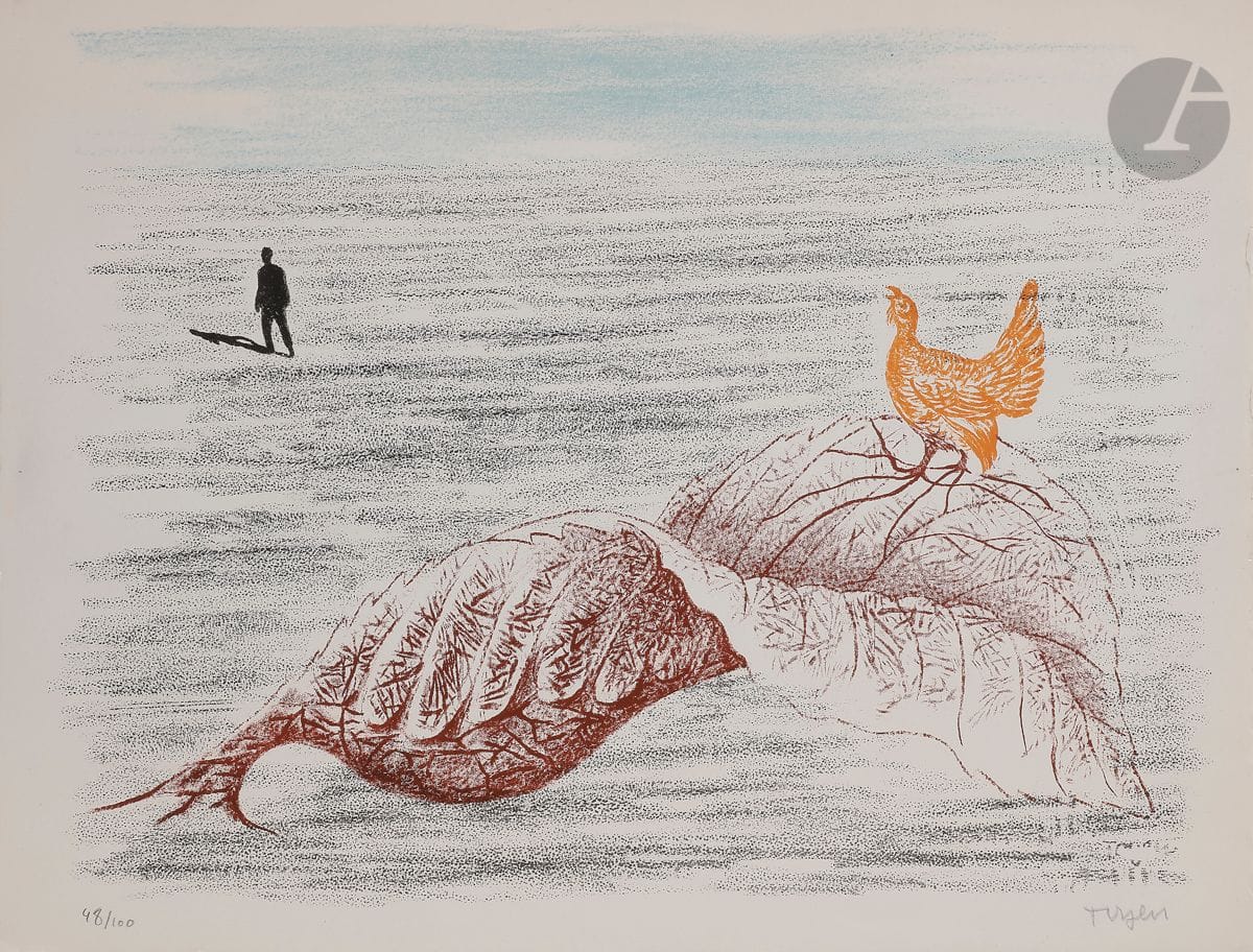 Toyen (Marie Cermínová, dite) [tchèque] (1902 -1980)
Paysage surréaliste. Pl. pour le portefeuille Brunidor II. 1947-1952.
Lithographie en couleurs.
Épreuve sur vélin, numérotée et signée au crayon. Tirage à 100 épreuves. R. Altmann éd.
Fin pli cassé le long du bord supérieur droit. 
32,5 x 42 cm.