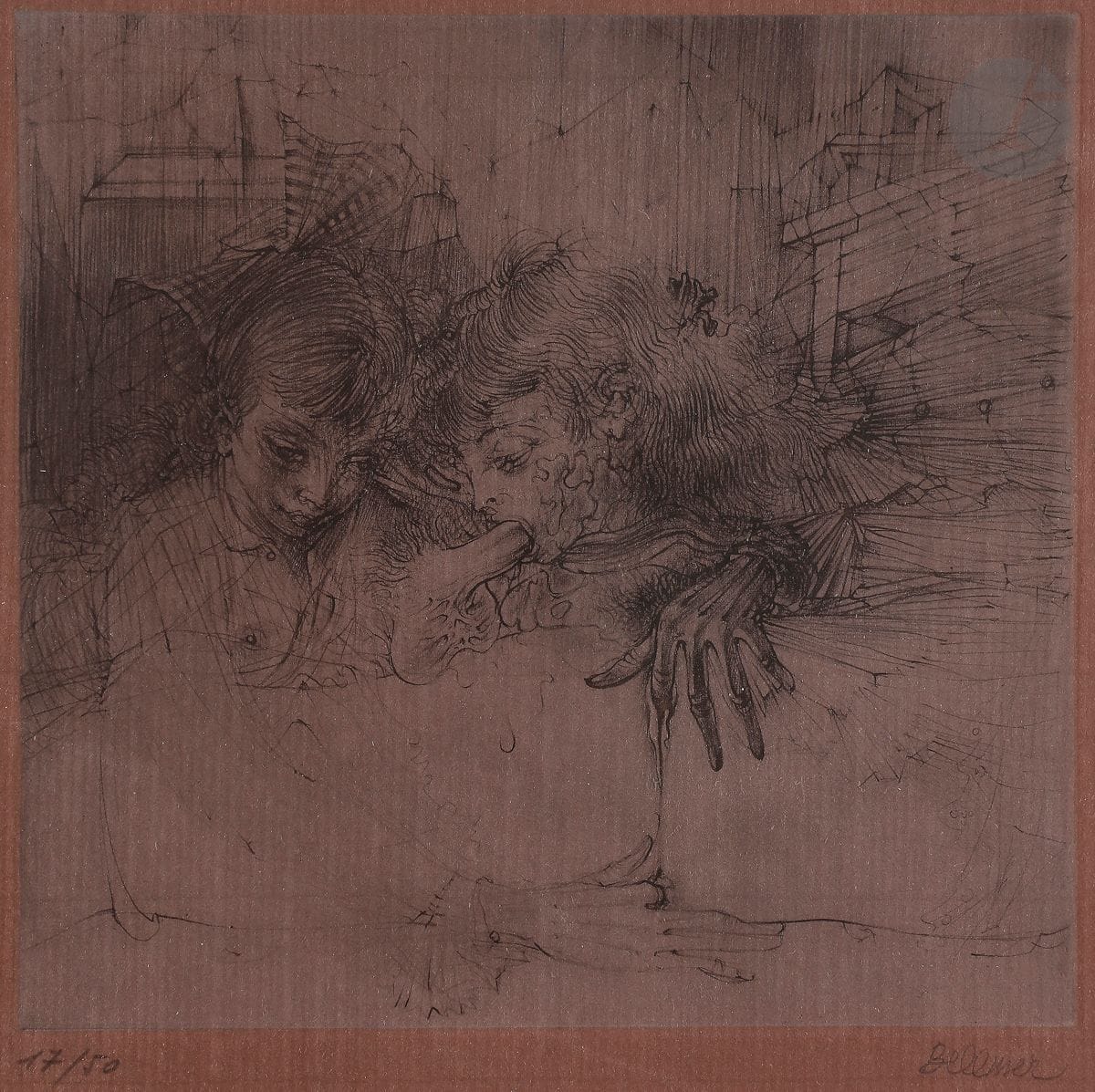 Hans Bellmer (1902-1975
)Two girls (erotic).
Heliogravure (Maccard).
Very nice proof on grey Roma laid paper, numbered and signed in pencil. All margins. Total edition of 100 proofs, including 50 on this paper. Ed. G. Visat.
53,5 x 41 cm
.
 
Framed. 
Ref : Flahutez 125.





