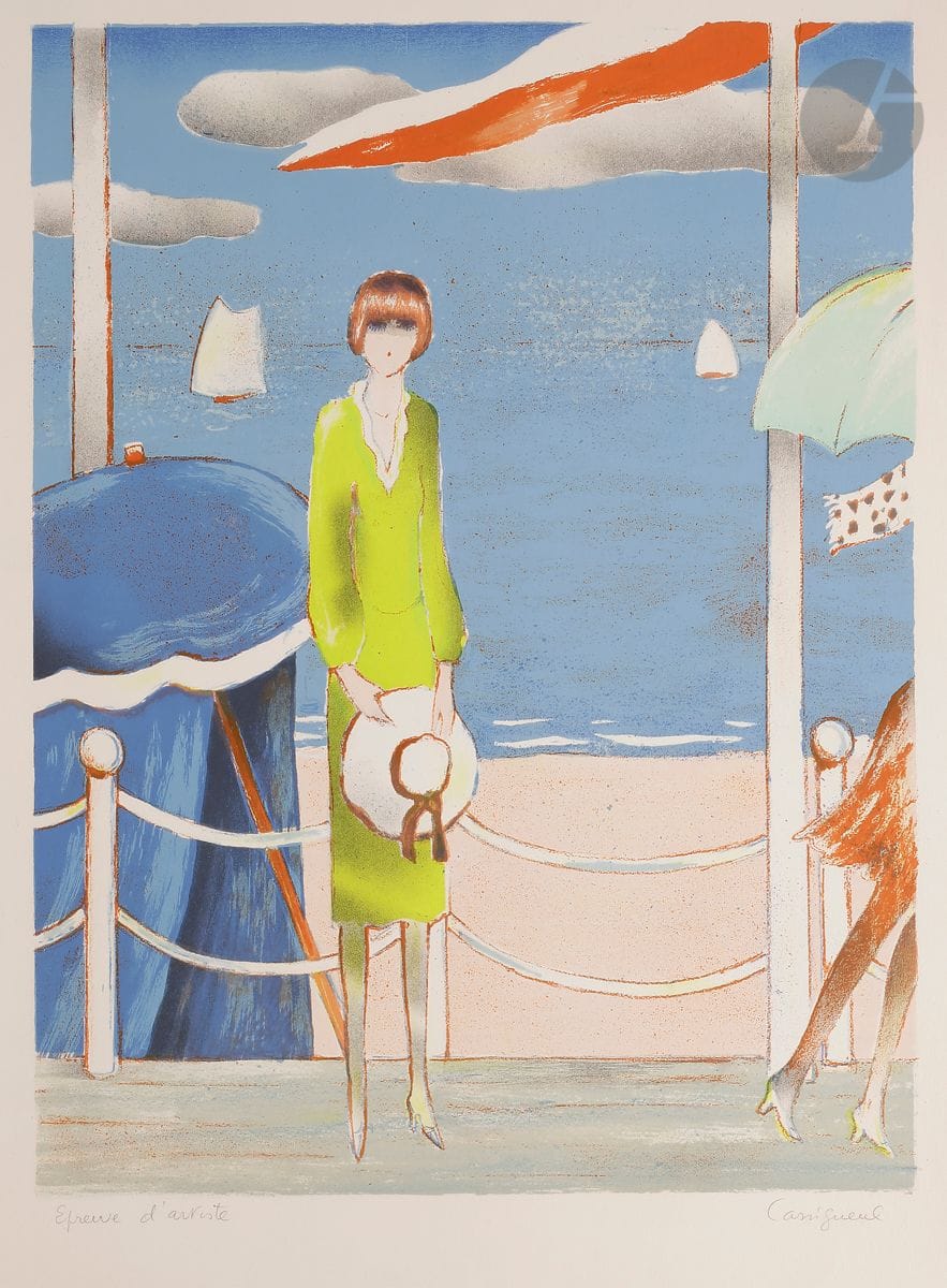 Jean-Pierre Cassigneul (né en 1935)
À Deauville. 1974. 
Lithographie en couleurs. 
Très belle épreuve sur vélin, justifiée « Epreuve d’artiste » et signée au crayon. Toutes marges. Tirage définitif à 130 épreuves. Mazo et Cie éd.
Trace claire d’oxydation au bord droit. 
65 x 49,7 cm. 
Réf. : Passeron 82.
