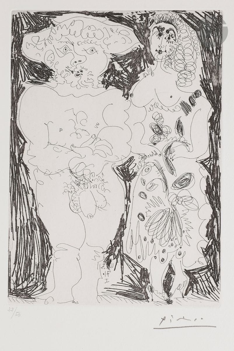 Pablo Picasso (1881-1973)
Paysan et maja. (Les 156, pl. 74). 11 mars 1971. 
Eau-forte.
Parfaite épreuve sur vélin blanc, du tirage à 50 épreuves effectué pour la galerie Louise Leiris (1978), numérotée et signée au crayon. Toutes marges. 
33 x 25 cm.
Réf. : Bloch 1929 ; Baer 1938 B b 1.