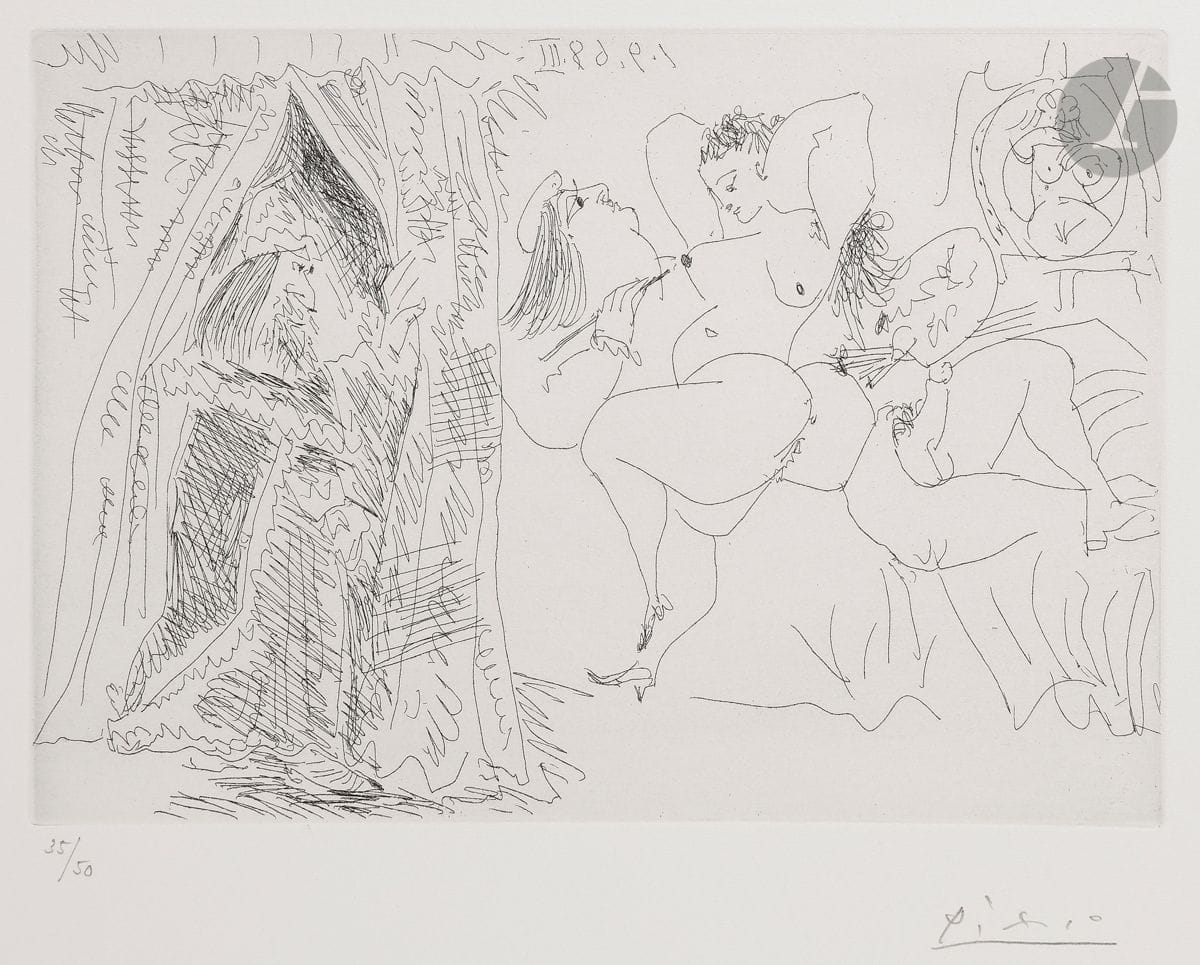 Pablo Picasso (1881-1973)
Raphaël et la Fornarina, VIII. Le pape entre avec un sourire patelin. (Les 347, pl. 303). 1er septembre 1968.
Eau-forte.
Parfaite épreuve sur vélin blanc, du tirage à 50 épreuves effectué pour la galerie Louise Leiris (1969), numérotée et signée au crayon. Toutes marges. 
28 x 35 cm.
Réf. : Bloch 1783 ; Baer 1 800 B b 1.