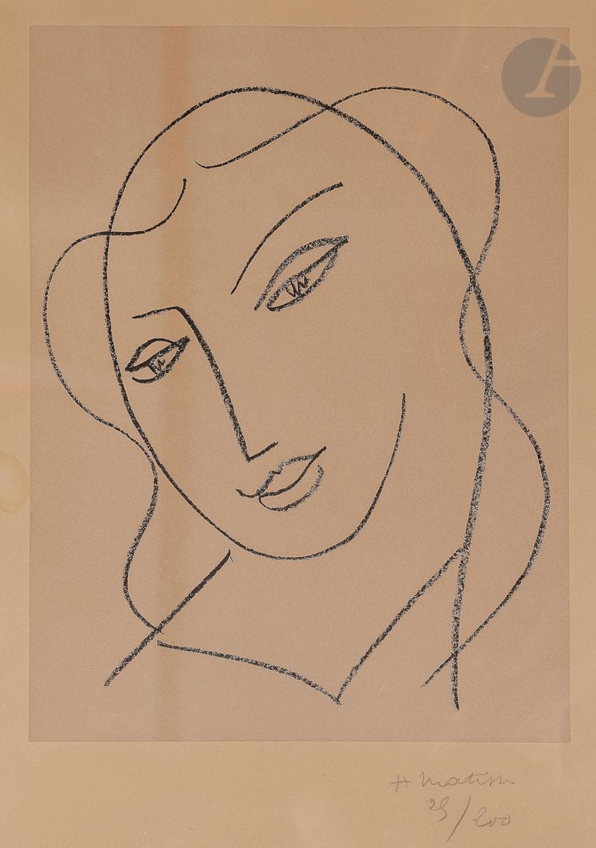 Henri Matisse (1869-1954)
Étude pour la Vierge « tête voilée » (chapelle de Vence). 1950-1951. 
Lithographie. 
Bonne épreuve sur chine appliqué, numérotée et signée au crayon. Toutes marges. Tirage à 200 épreuves.
Forte insolation du feuillet avec bande verticale plus foncée traversant le sujet. Deux petites auréoles d’humidité et petites traces de colle en surface au bord gauche. Bande de papier gommé sur le pourtour au verso. 
45,5 x 35 cm.
Cadre. 
Réf. : Duthuit-Garnaud 640.