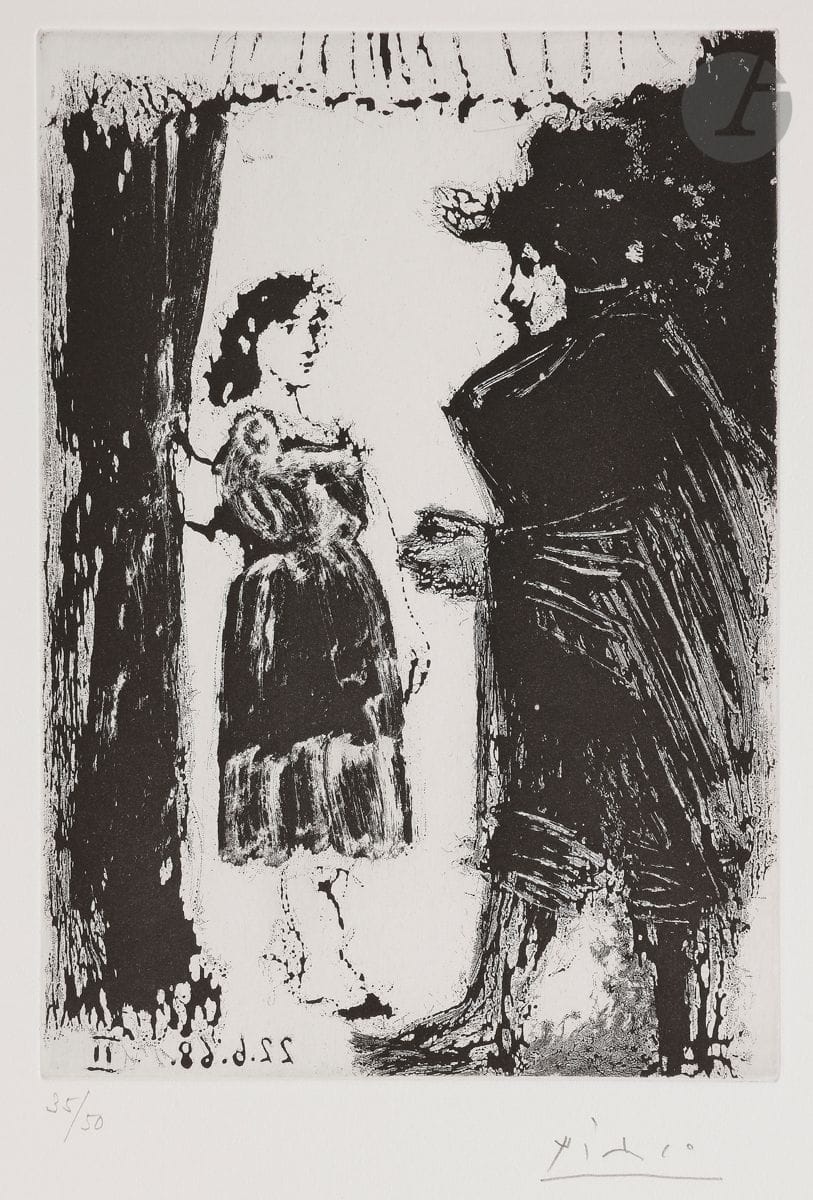 Pablo Picasso (1881-1973)
Amours ancillaires. (Les 347, pl. 179). 22 juin 1968.
Aquatinte au sucre.
Parfaite épreuve sur vélin blanc, du tirage à 50 épreuves effectué pour la galerie Louise Leiris (1969), numérotée et signée au crayon. Toutes marges. 
35 x 28,3 cm.
Réf. : Bloch 1659 ; Baer 1675 B b 1.