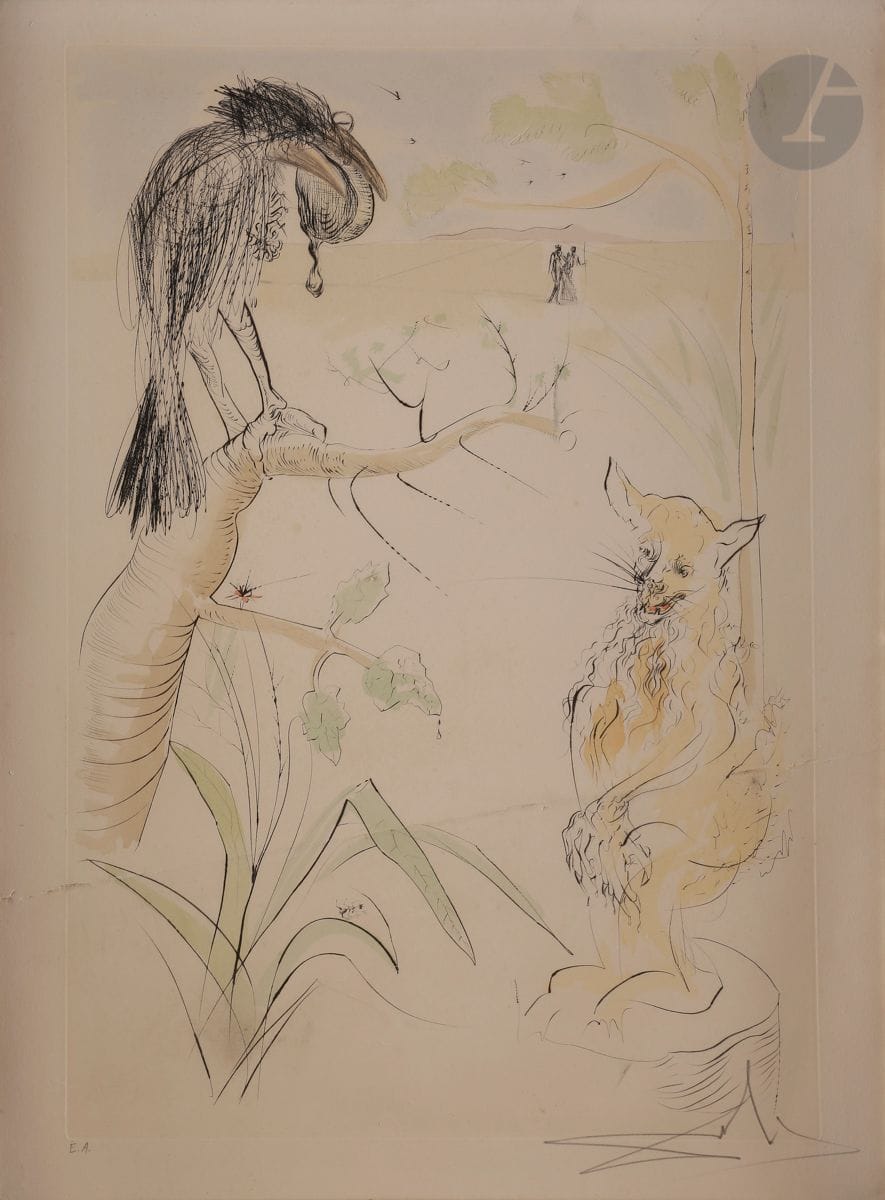 Salvador Dalí (1904-1989)
Le Corbeau et le renard. Pl. pour Le Bestiaire de La Fontaine dalinisé. 1974.
Pointe sèche et coloris au pochoir. 
Épreuve sur vélin, revêtue d’une annotation « E.A. » et d’une signature au crayon. 
Légère oxydation du feuillet. Pli cassé médian oblique très marqué et fracturé par endroits. Toutes marges. 
À vue : 63,5 x 47,5 cm. 
Cadre. 
Réf. : Michler et Löpsinger 656.