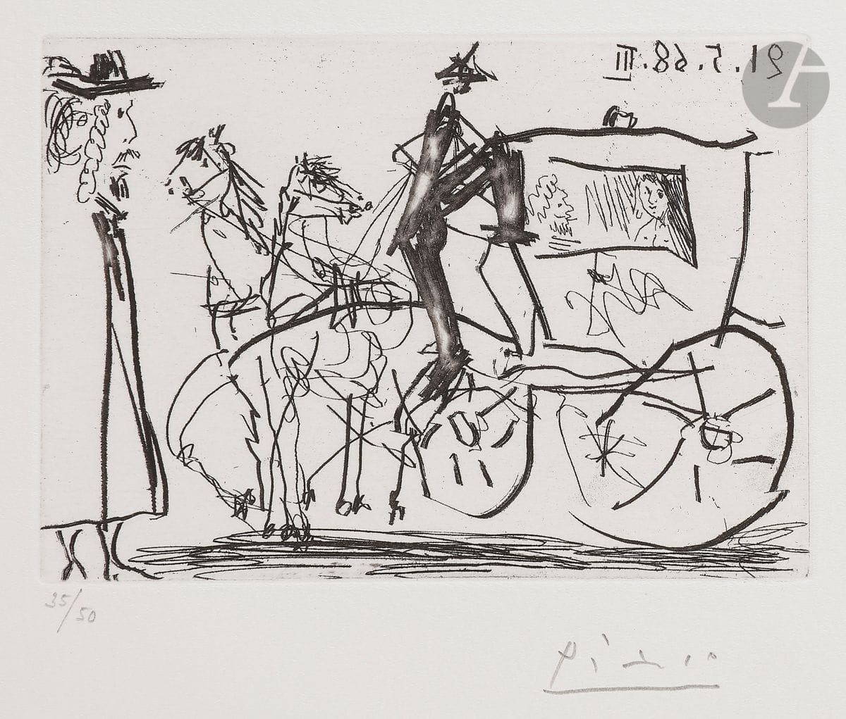 Pablo Picasso (1881-1973
)Couple in a carriage and poor pedestrian. (The 347, pl. 103). May 21, 1968.
etching.
Perfect proof on white vellum, from an edition of 50 proofs made for the Louise Leiris gallery (1969), numbered and signed in pencil. All margins. 
25,5 x 32,5 cm.
Ref: Bloch 1583; Baer 1599 B b 1.




