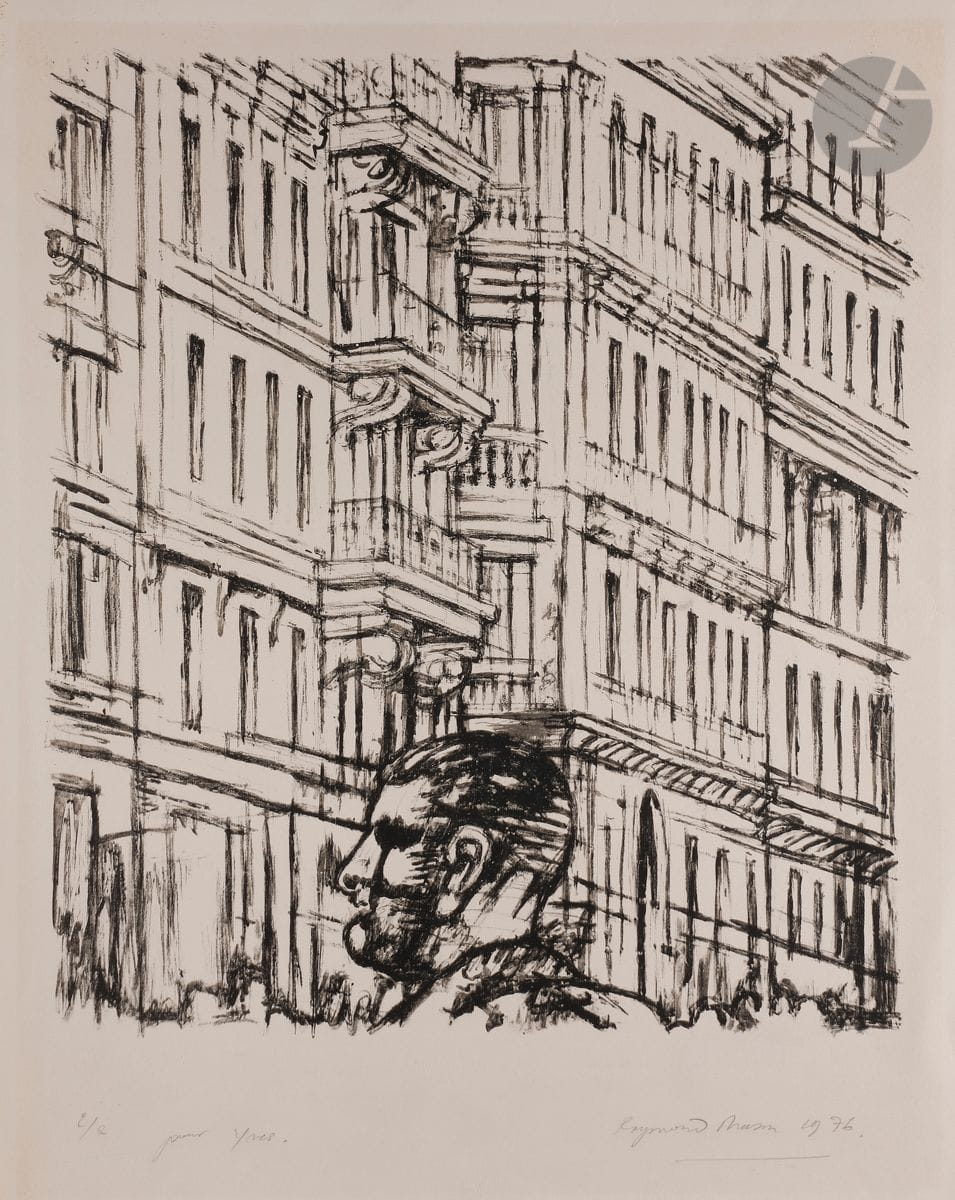 Raymond Mason (anglais, 1922-2001)
Man in the Street (large version). 1976. 
Lithographie. 
Très belle épreuve sur vélin, justifiée « e / a », dédicacée « pour Yves », signée et datée au crayon. Toutes marges. Tirage définitif à 75 épreuves. Galerie Claude Bernard, Paris et galerie Pierre Matisse, New York, éd. 
Trace d’oxydation à l’ouverture d’un ancien montage. Quelques petits restes d’adhésif aux bords du feuillet au verso. 
83,5 x 60,5 cm.