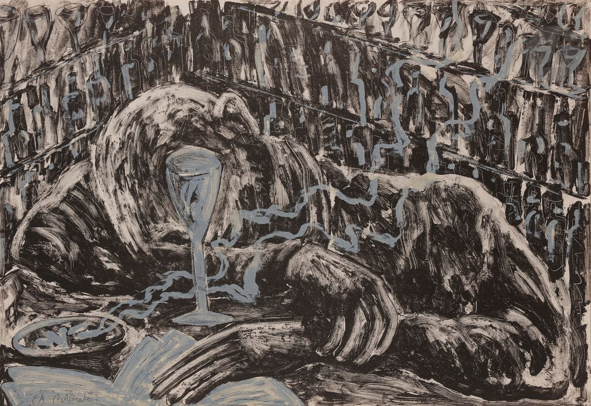 Miquel Barceló (espagnol, né en 1957)
Jeune homme ivre dans un bar. 1983.
Lithographie en couleurs. 
Très belle épreuve tirée pleine feuille sur vélin, justifiée « EA » et signée au crayon. Tirage définitif à 75 épreuves. 
Deux restes d’adhésif en tête au verso.
48 x 69,5 cm.