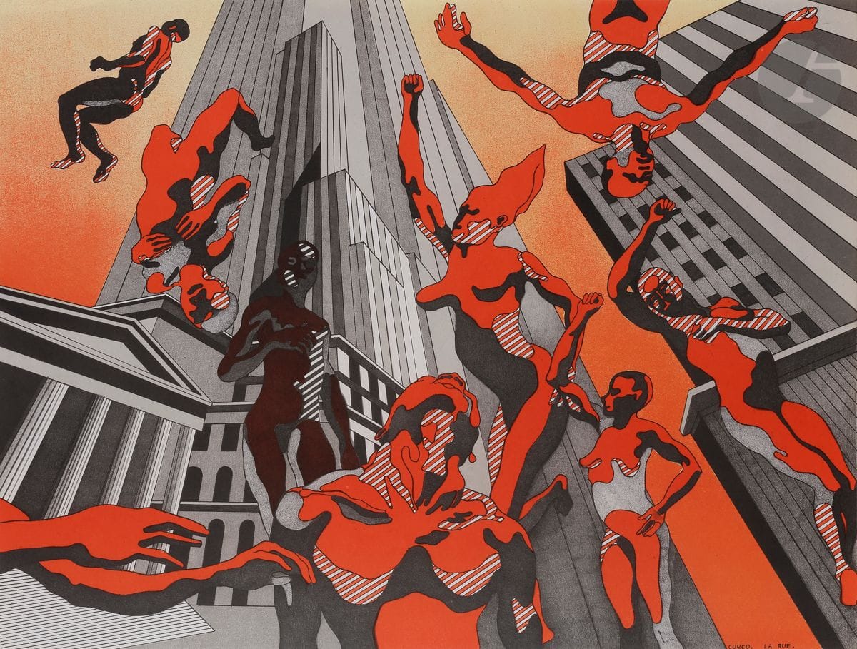 Henri Cueco (1929-2017)
La Rue ; L’Université ; La Meute ; La Grève ; Nuées. 5 pl. de la suite de 10, Les Hommes rouges. Vers 1970. 
Lithographie en couleurs. 
Réunion de 5 très belles épreuves tirées pleines marges sur vélin blanc mince. 
64,5 x 50 cm.