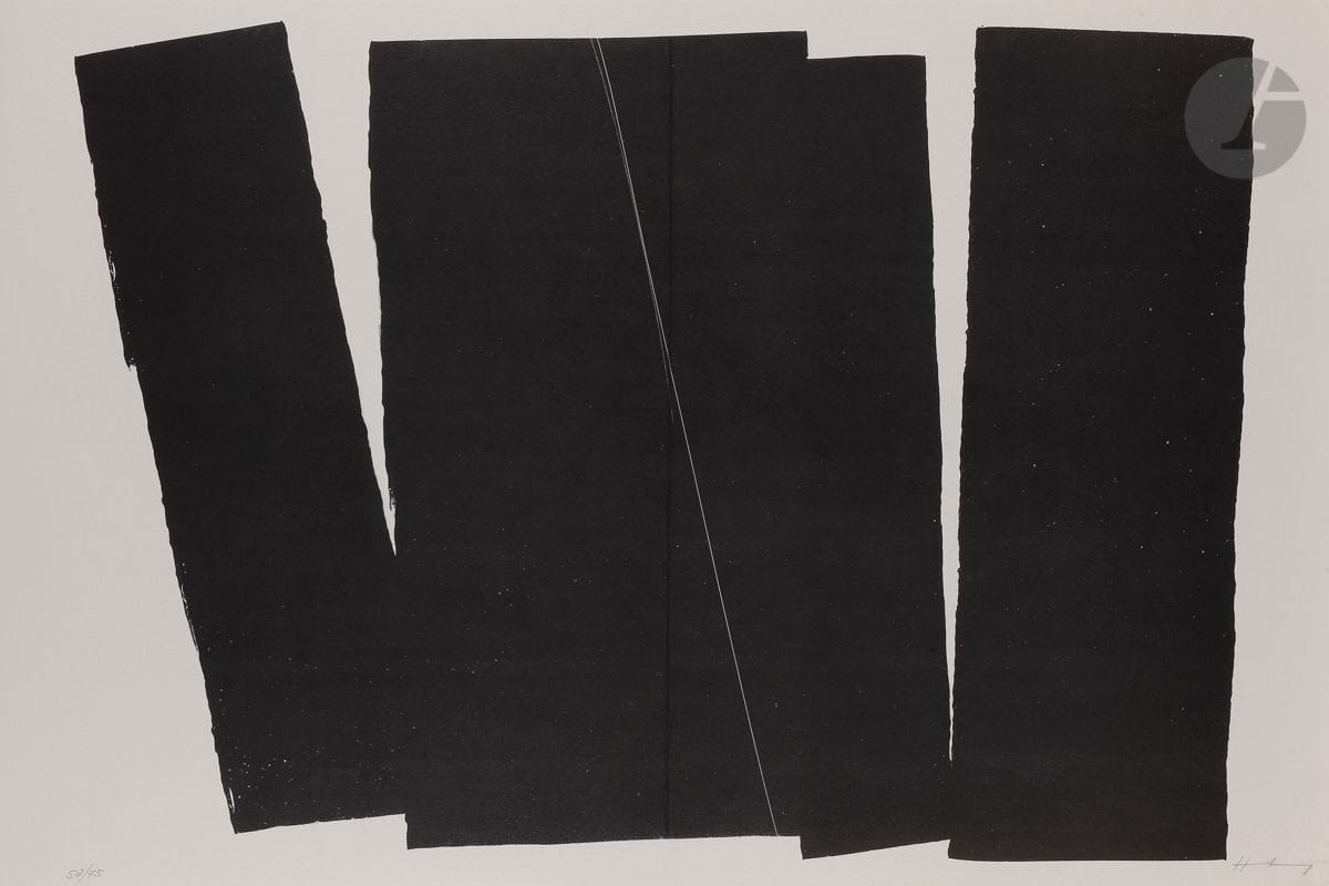 Hans Hartung (1904-1989) 
L 1970-12. (Pl. pour l’album Farandole). Barcelone, Polígrafa éd., 1971. 
Lithographie. 
Très belle épreuve tirée pleine feuille sur vélin fort, avec pli vertical médian normal, numérotée au crayon. Tirage à 75 épreuves. 
49 x 74,3 cm.
Réf. : Mason 316.
