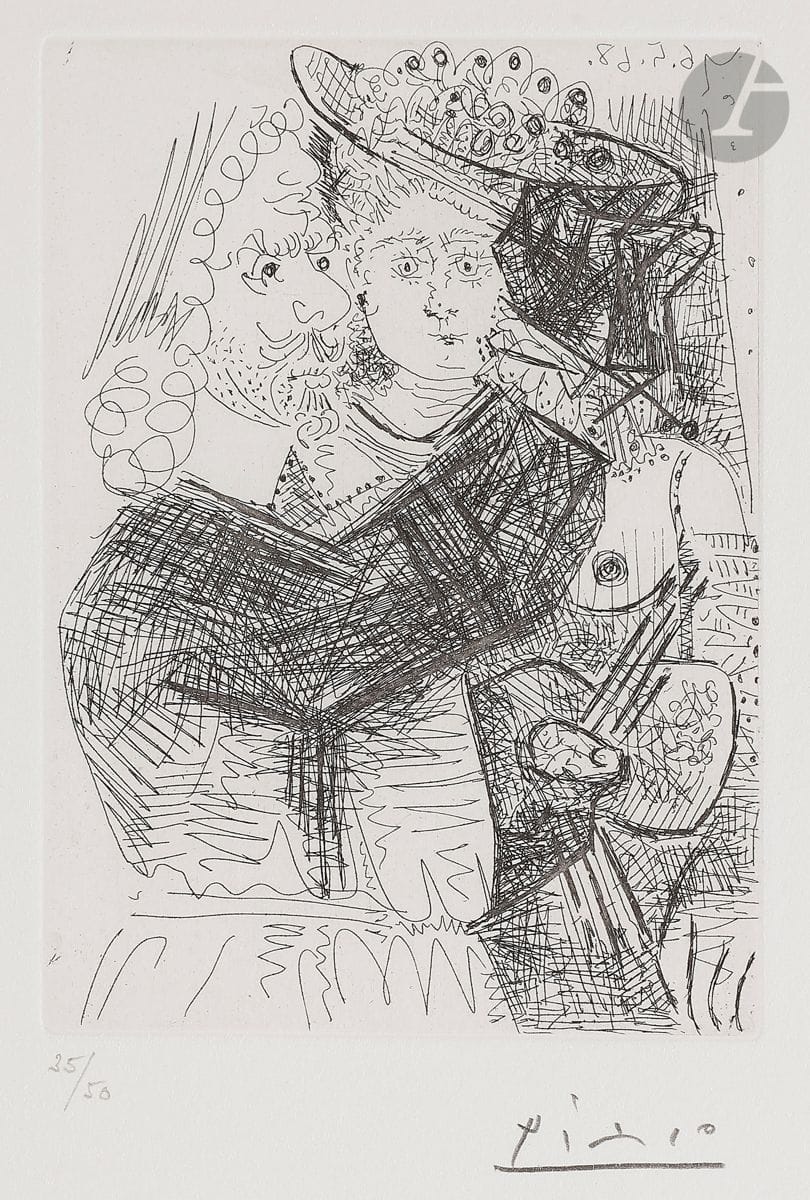 Pablo Picasso (1881-1973
)The Portrait. (The 347, pl. 66). May 6, 1968.
etching. 
Perfect proof on white vellum, from an edition of 50 proofs made for the Louise Leiris gallery (1969), numbered and signed in pencil. All margins. 
32,8 x 25 cm.
Ref: Bloch 1546; Baer 1562 B b 1.




