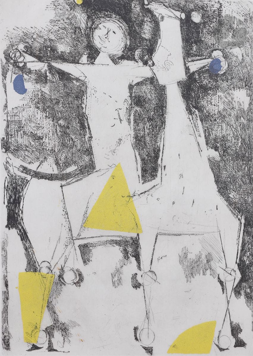 Marino Marini (Italian, 1901-1980
)Fondale (Backdrop). Pl. VIII from the album Marino to Stravinsky. Turin, Albra, 1972. 
Etching, drypoint and aquatint in colours. 
Very nice proof on white vellum, justified "P.A." and signed in pencil. All margins. Final edition of 75 proofs.
Sight : 70 x 49 cm.
Framed. 
Reference : Guastalla A 146.





