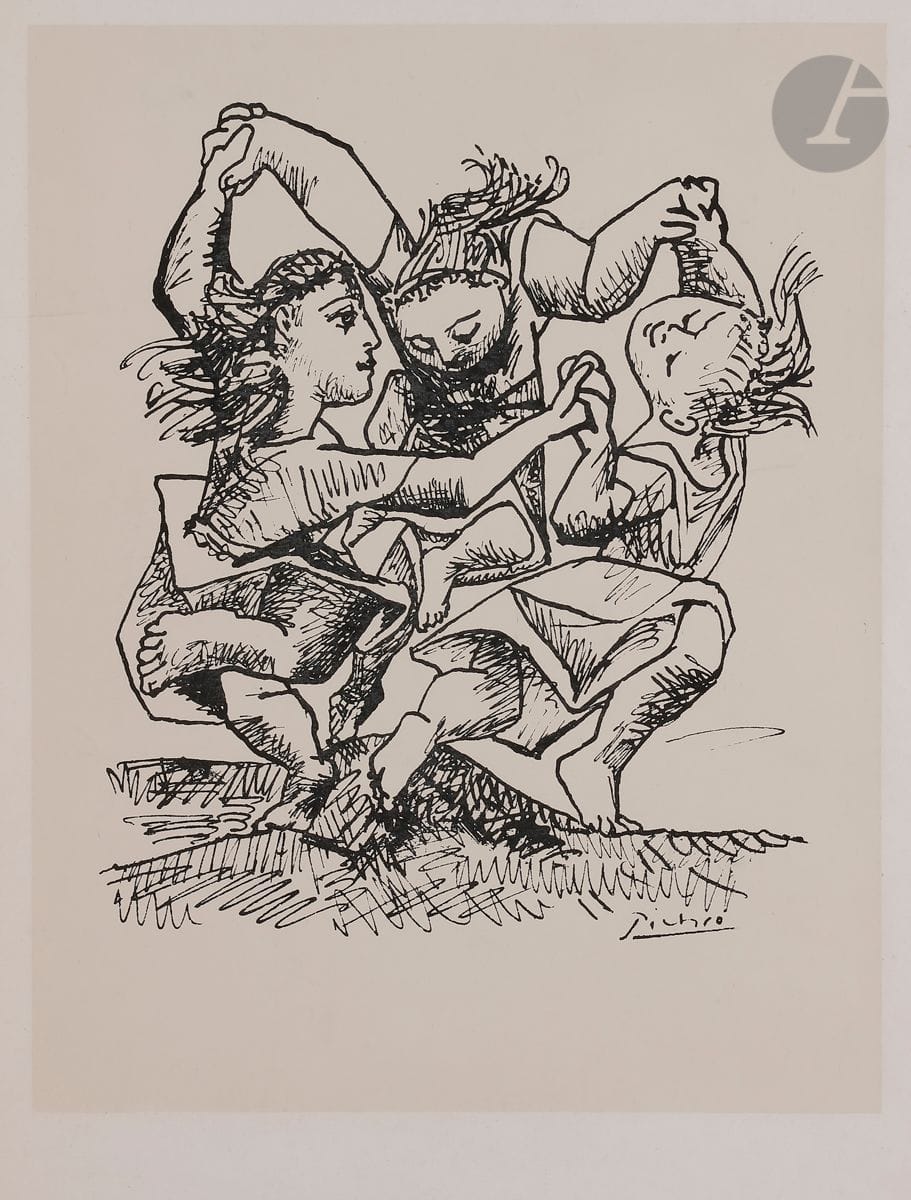 Pablo Picasso (1881-1973) (after
)Round of Children. Study for Peace. 
Letterpress print (reproduction of a drawing in India ink). 
Good proof on vellum, with text printed at the foot. All margins. Cercle d'Art ed. 
Soft creases and small light stains at the edges of the folio.
66,5 x 50 cm

.


