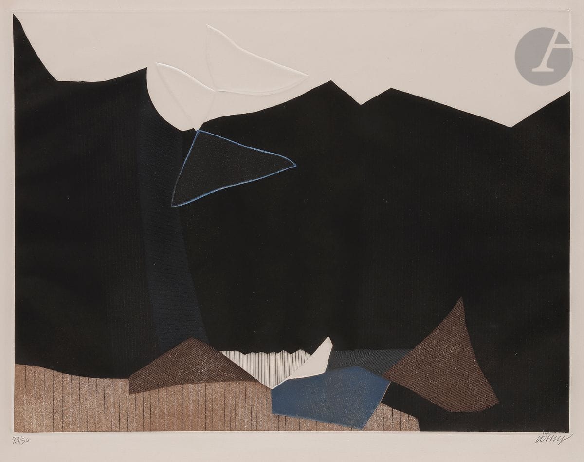 Bertrand Dorny (1931-2015)
Longue falaise. 1975.
Aquatinte et burin en couleurs sur trois zincs découpés et une pièce émerisée.
Belle épreuve sur vélin, numérotée, signée et datée au crayon. Toutes marges. Tirage à 50 épreuves. 
Traces d’adhésif oxydées dans les angles au verso. 
56,5 x 76 cm.
Réf. : Arnaud 288.
