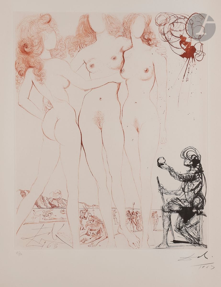 Salvador Dalí (1904-1989)
Le Jugement de Pâris. (Mythologie, pl. 8). 1963-1965.
Héliogravure et pointe sèche en couleurs.
Très belle épreuve sur vélin filigrané « Arches », signée et datée « 1963 » au crayon. Toutes marges. Tirage à 150 épreuves sur ce papier. Argillet éd.
Traces claires d’oxydation aux bords du feuillet.
76 x 56,5 cm.
Réf. : Michler et Löpsinger 123.