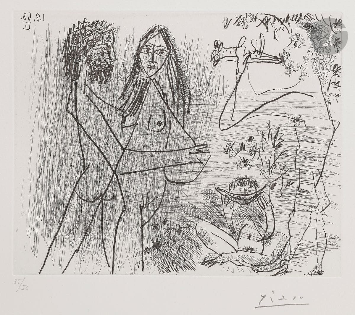 Pablo Picasso (1881-1973)
Scène pastorale : amoureux, flûtiste et mangeur de pastèque. (Les 347, pl. 229). 1er août 1968.
Eau-forte. 
Parfaite épreuve sur vélin blanc, du tirage à 50 épreuves effectué pour la galerie Louise Leiris (1969), numérotée et signée au crayon. Toutes marges. 
31,2 x 36,5 cm.
Réf. : Bloch 1709 ; Baer 1725 B b 1.