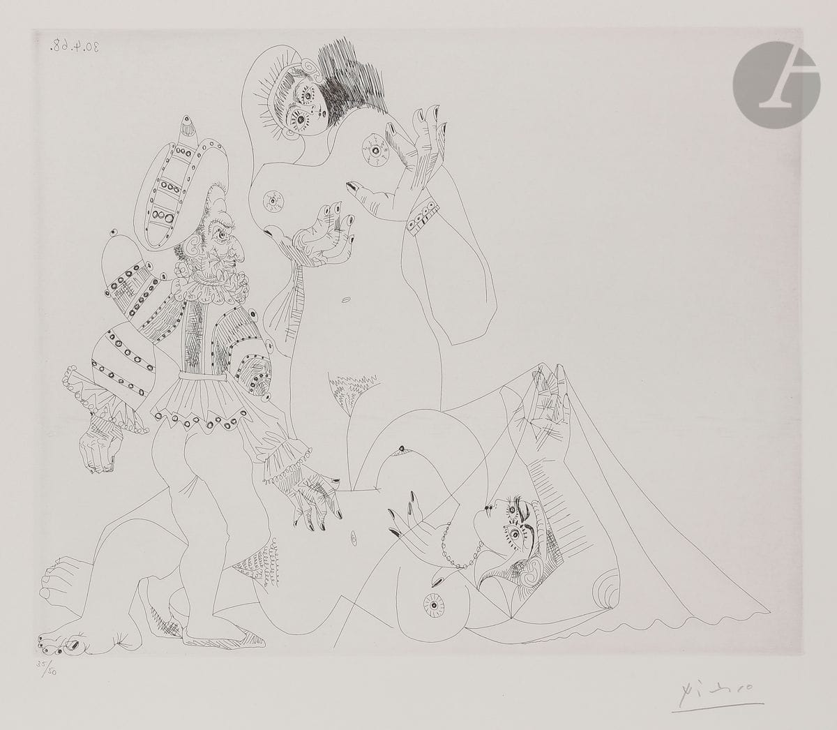 Pablo Picasso (1881-1973)
Polichinelle, avec deux femmes. (Les 347, pl. 59). 30 avril 1968.
Eau-forte. 
Parfaite épreuve sur vélin blanc, du tirage à 50 épreuves effectué pour la galerie Louise Leiris (1969), numérotée et signée au crayon. Toutes marges. 
47,2 x 56,7 cm.
Réf. : Bloch 1598 ; Baer 1555 B b 1.