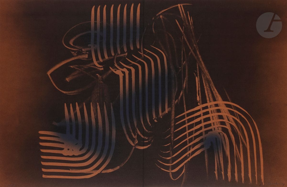 Hans Hartung (1904-1989) 
L 1970-6. (Pl. pour l’album Farandole). Barcelone, Polígrafa éd., 1971.
Lithographie en couleurs. 
Très belle épreuve tirée pleine feuille sur vélin fort, avec pli vertical médian normal, numérotée et signée au crayon. Tirage à 75 épreuves. 
49 x 74,3 cm.
Réf. : Mason 310.