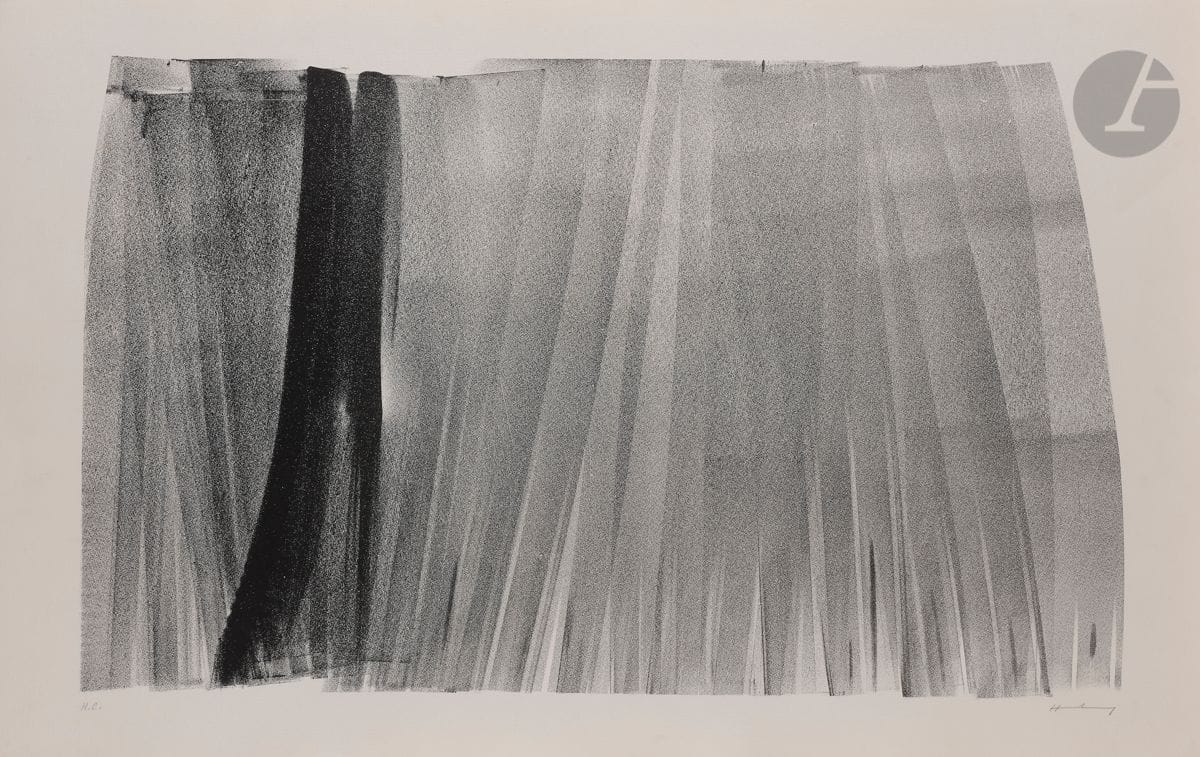 Hans Hartung (1904-1989) 
L 1970-1. (Pl. pour l’album Farandole). Barcelone, Polígrafa éd., 1971.
Lithographie. 
Très belle épreuve sur vélin fort, sans le pli vertical médian, justifiée « H.C. » et signée au crayon. Tirage définitif à 75 épreuves. 
59,2 x 86,5 cm.
Réf. : Mason 305.