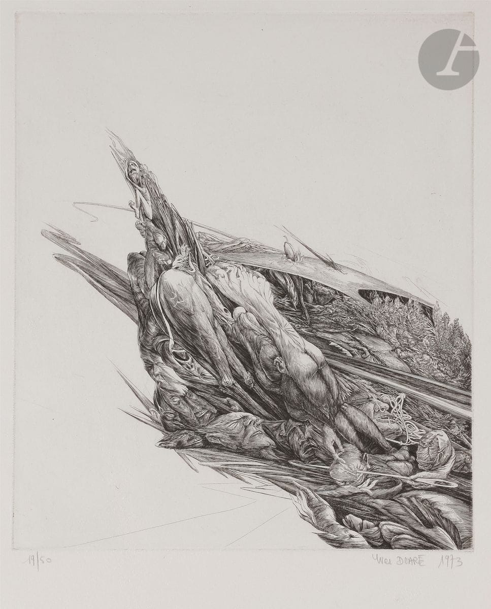 Yves Doaré (né en 1943)
La Résurrection de la chair. 1973.
Burin. 
Très belle épreuve sur vélin blanc, numérotée, signée et datée puis titrée au crayon en pied du feuillet. Toutes marges. Tirage à 50 épreuves. 
46,5 x 32,7 cm.