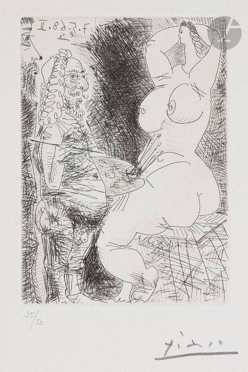 Pablo Picasso (1881-1973)
Vieux peintre, modèle et spectateur. (Les 347, pl. 68). 7 et 8 mai 1968.
Eau-forte. 
Parfaite épreuve sur vélin blanc, du tirage à 50 épreuves effectué pour la galerie Louise Leiris (1969), numérotée et signée au crayon. Toutes marges. 
32,8 x 25 cm.
Réf. : Bloch 1547 ; Baer 1564 B b 1.