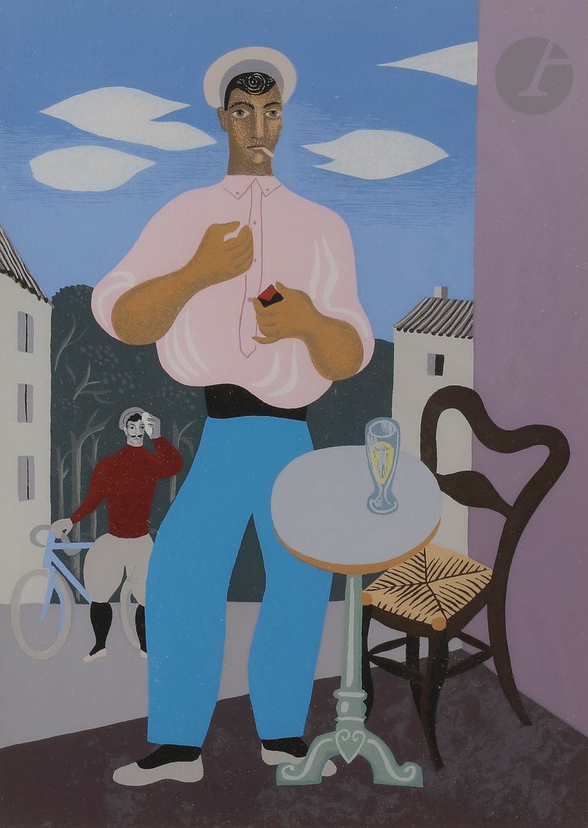 Jean Hugo (1894-1984
)La Terrasse du café. 1982.
stencil in colours by Constant Idoux.
Very nice proof on ivory vellum, numbered, signed and dedicated by the artist " à Nine / affectueusement / Fourques 7.III.82 " then signed by the serigrapher. All margins. Edition of 130 prints. 
Sight: 49,5 x 41,5 cm.
Framed.




