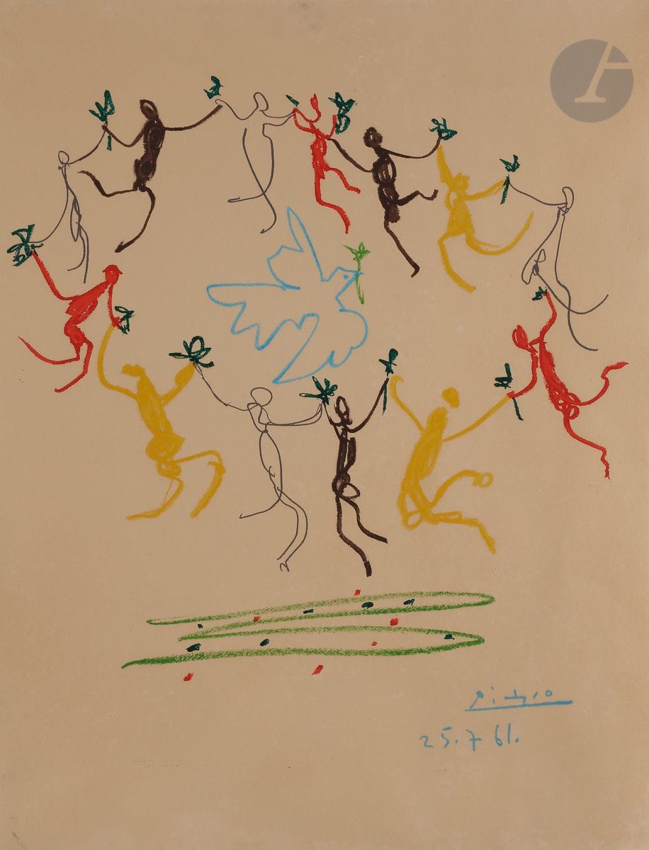 Pablo Picasso (1881-1973) (d’après)
La Ronde de la jeunesse. 1961. 
Lithographie en couleurs (offset). 
Bonne épreuve sur vélin. Toutes marges. 
Forte oxydation du feuillet. L’angle inférieur droit très légèrement déchiqueté. 
65 x 49,5 cm.