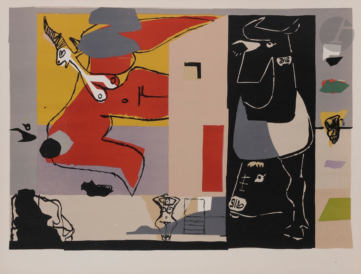 Le Corbusier (Charles-Édouard Jeanneret) (1887-1965)
Femme-licorne et taureau. 1960.
Lithographie en couleurs. 
Très belle épreuve sur vélin blanc. Toutes marges. 
44 x 57,2 cm.