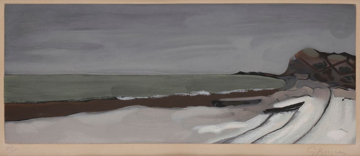 Georges Braque (1882-1963)
Varengeville. 1955.
Gravure en couleurs. 
Belle épreuve sur vélin crème, numérotée et signée au crayon. Toutes marges. Tirage à 300 épreuves. Maeght éd. 
Collée par les bords sous passe-partout par du papier gommé au verso.
45 x 75 cm.
Réf. : Maeght (Vallier) 1023.