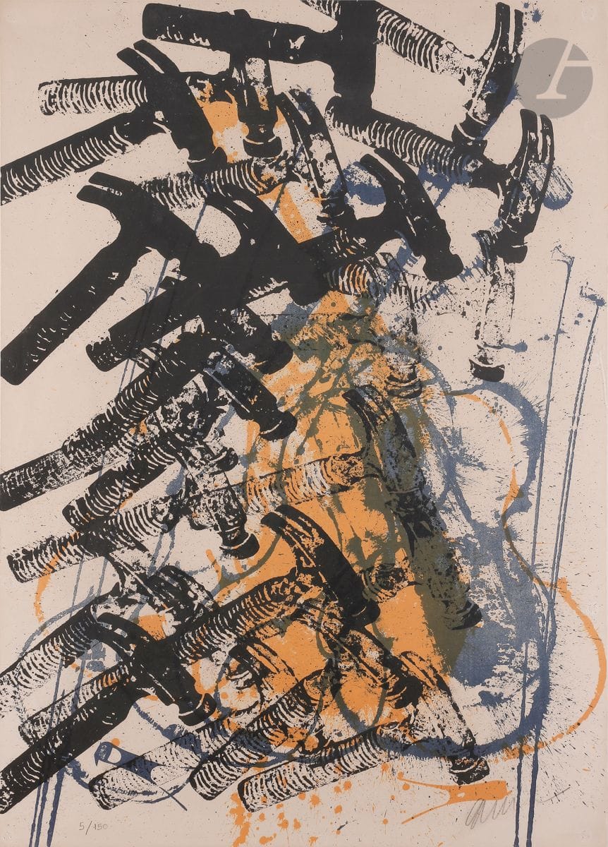 Arman (Armand Fernandez, dit) (1928-2005)
Sans titre. 1974.
Lithographie en couleurs. 
Très belle épreuve sur vélin, tirée pleine feuille, numérotée et signée au crayon. Tirage à 150 épreuves. Société Financière et Foncière, Boulogne, éd. 
Trous de punaises dans les angles et aux bords du feuillet. 
75,5 x 54,5 cm.
Cadre. 
Réf. : Otmezguine et Moreau 78.