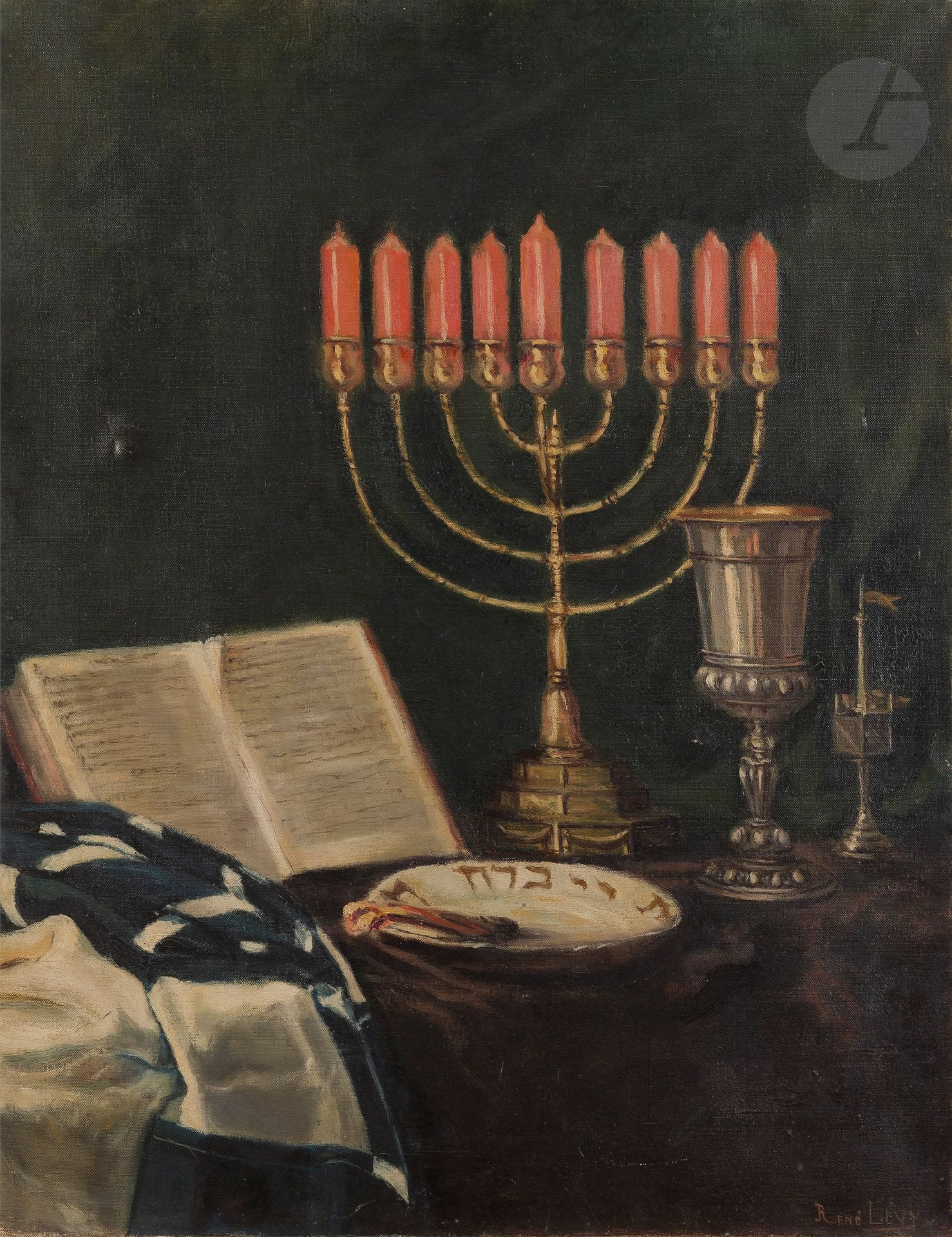René LEVY (XXe siècle)
Nature morte aux symboles juifs
Huile sur toile.
Signée en bas à droite. Signée et notée au verso : « Copie par le peintre de mon tableau ».
Enfoncement à gauche. 
65 x 50 cm 

Mots clés :
judaïca, juif, juive, hébreux, rabbins, jewish, torah, hebrew, hebraica, judaisme, synagogue, sionisme, pessah, pessach, haggada, haggadah, hagada, hagadah, passover, menora, menorah, hannuka, hannuca, hannoucca, hanouccah, torah, juden, israélite, Israël, antisemitism, antisémitisme, dreyfus, meguila, sepharade, sefarad, ketouba