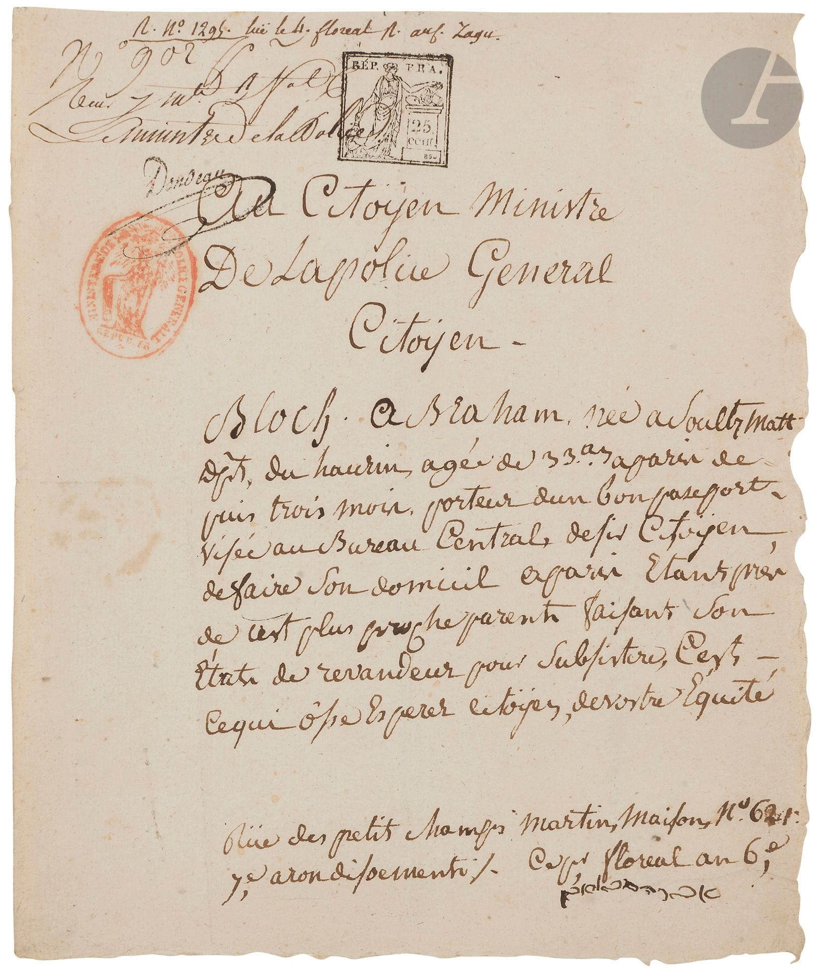 [MANUSCRIT] 
L.A.S. Lettre adressée au ministre de la Police par Abraham Bloch né à Soultzmatt pour élire domicile à Paris
1 p. format in-quarto, datée de floréal an 6 (1798).
Signée en hébreu. 

Mots clés :
judaïca, juif, juive, hébreux, rabbins, jewish, torah, hebrew, hebraica, judaisme, synagogue, sionisme, pessah, pessach, haggada, haggadah, hagada, hagadah, passover, menora, menorah, hannuka, hannuca, hannoucca, hanouccah, torah, juden, israélite, Israël, antisemitism, antisémitisme, dreyfus, meguila, sepharade, sefarad, ketouba