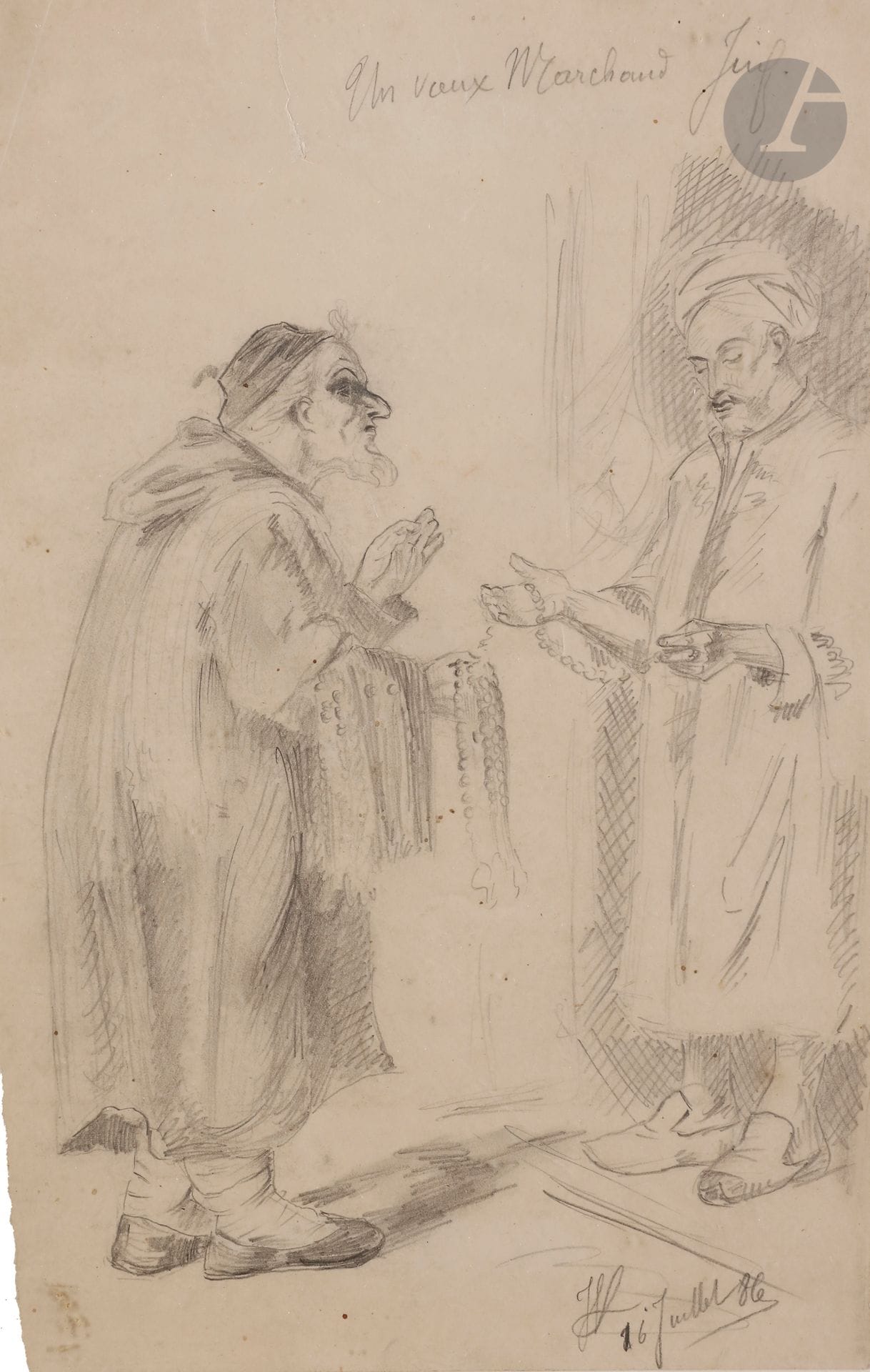 ÉCOLE DU XIXe SIÈCLE 
Un vieux marchand juif, 1886
Dessin à la mine de plomb.
Titré en haut à droite, monogrammé et daté en bas à droite.
31 x 20 cm  

Mots clés :
judaïca, juif, juive, hébreux, rabbins, jewish, torah, hebrew, hebraica, judaisme, synagogue, sionisme, pessah, pessach, haggada, haggadah, hagada, hagadah, passover, menora, menorah, hannuka, hannuca, hannoucca, hanouccah, torah, juden, israélite, Israël, antisemitism, antisémitisme, dreyfus, meguila, sepharade, sefarad, ketouba