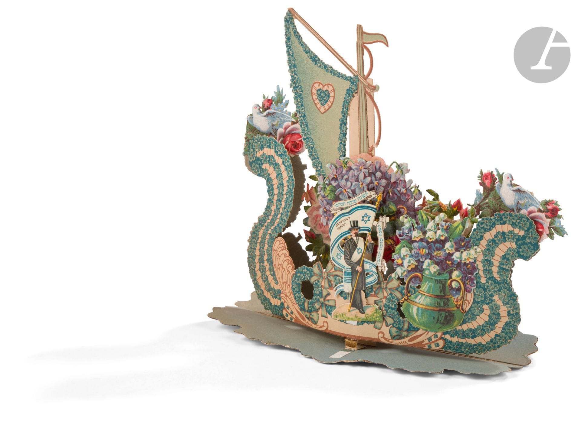[SHANAH TOVAH
]Greeting cards for the Hebrew New Year.
Beautiful set of 6 large three-dimensional folding chromolithographs (pop-up). Several identical.
Early 20th century.
(Small lacks).
23 x 23 

Key words:
judaica, jew, jewish, hebrew, rabbis, jewish, torah, hebrew, hebraica, judaism, synagogue, zionism, pessah, pessach, haggada, haggadah, hagada, hagadah, passover, menora, menorah, hannuka, hannuca, hannucca, hanouccah, torah, juden, israelite, Israel, antisemitism, antisemitism, dreyfus, meguila, sepharad, ketubah







